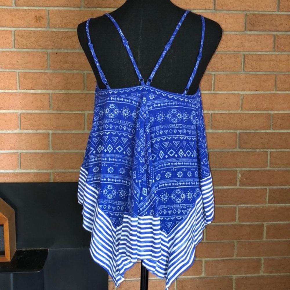 Blue Boho Bandana Print Flowy Tank Top Handkerchief Hem Strappy Medium - Picture 3 of 8